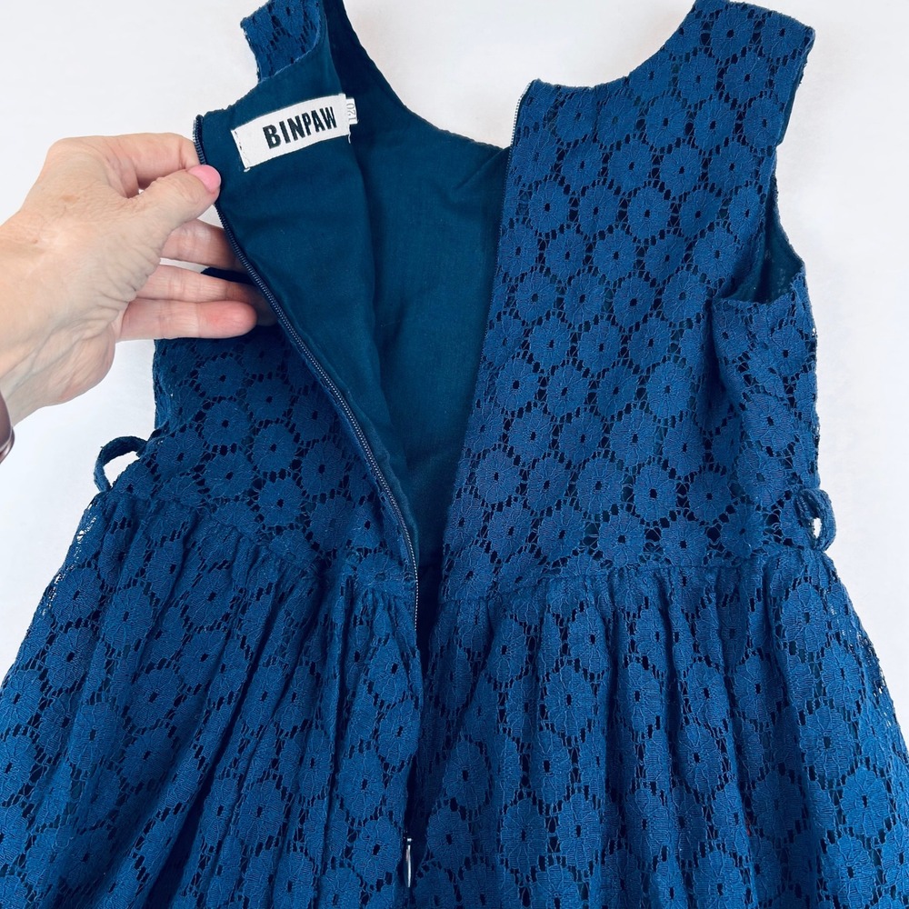 BINPAW Girls Teal Blue Floral Lace Sleeveless Special Occasion Dress Size 6-7 - Picture 7 of 14